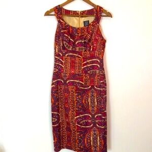 Jax Satin Rich Multicolor Deep Warm Art To Wear Print Fitted Sheath Dress size 6